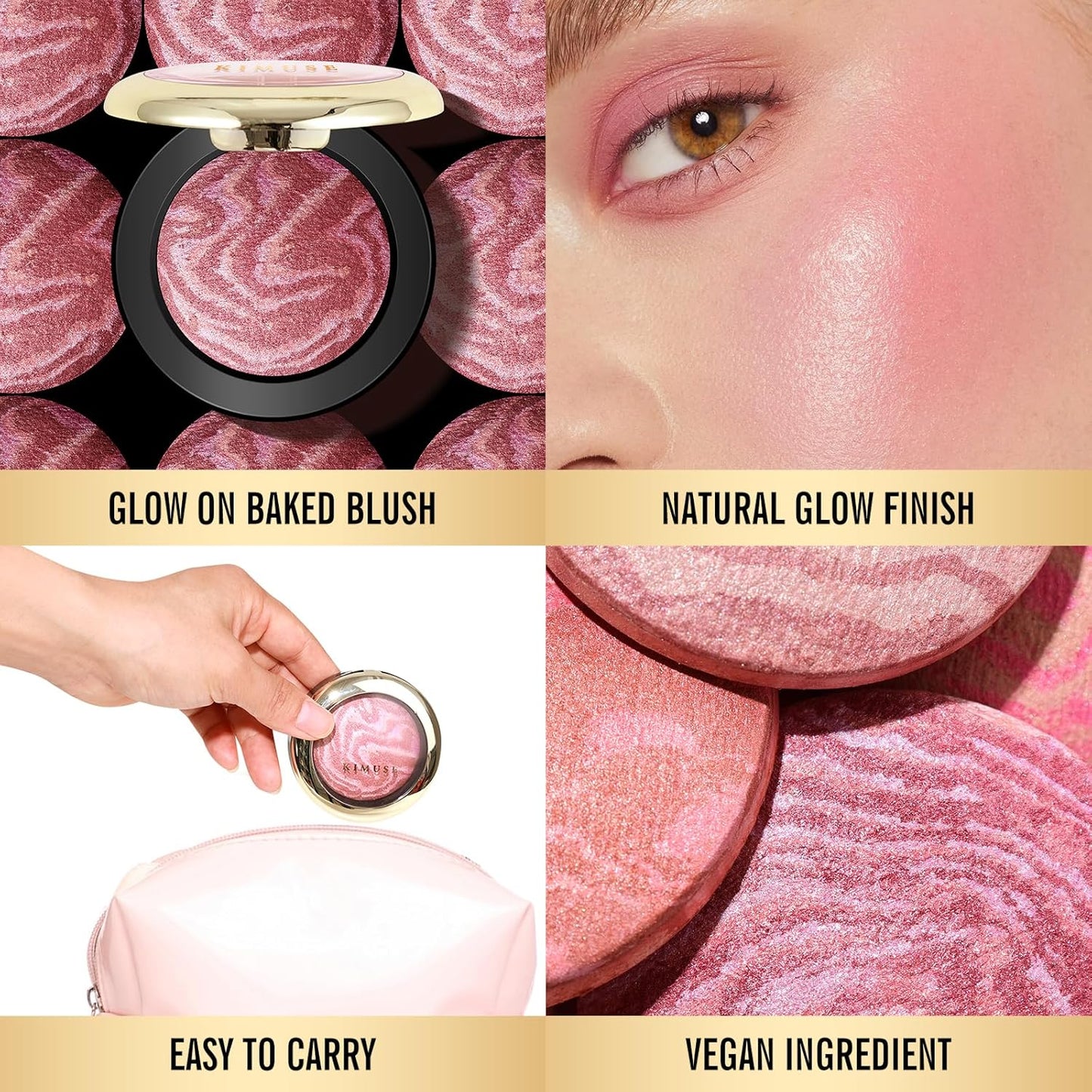 KIMUSE Baked Blush, Lighting Glow Marbleized Blush Powder Blush, Contour & Highlight Face for a Creamy Lightweight Natural Finish