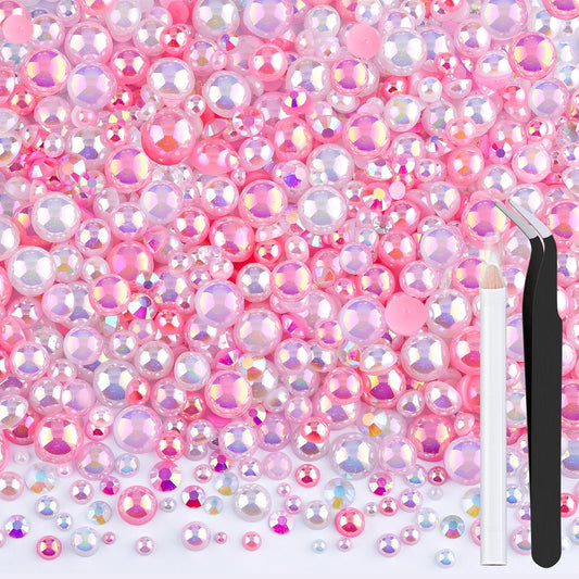 80g Flatback Pearls and Rhinestones for Bedazzling, Pink White Mixed Size 3-10mm Resin Rhinestones and Half Pearls for Crafting, Nail Art and Grad Cap Decoration with Tweezers and Pickup Pencil