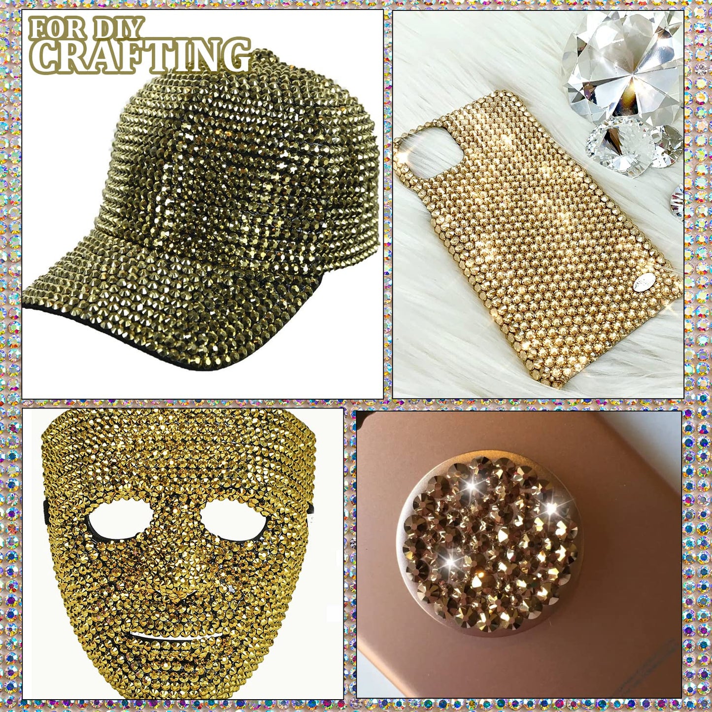 One Pack 2000 Pcs of Flatback Round Mineral Gold Rhinestones 6 Sizes (1.5-6 mm) with Nail Art Rhinestone Picker Pencil and Tweezers for DIY and Salon Use