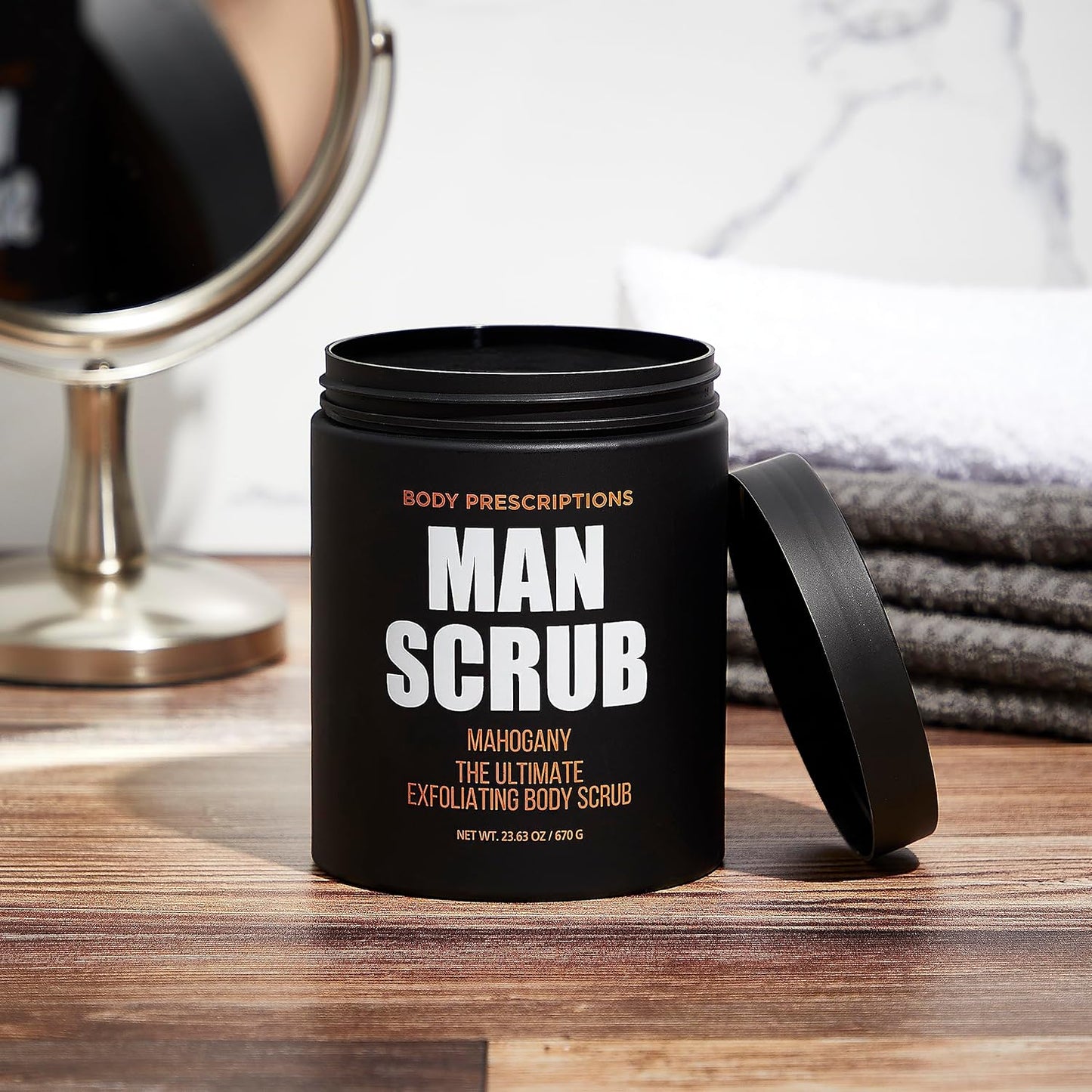 Body Prescriptions Men’s Exfoliating Body Scrub – Ultimate Skin Cleansing Wash in Jar with Twist-Top Lid, For All Skin Types, 21 Ounce (Pack of 1), Mahogany