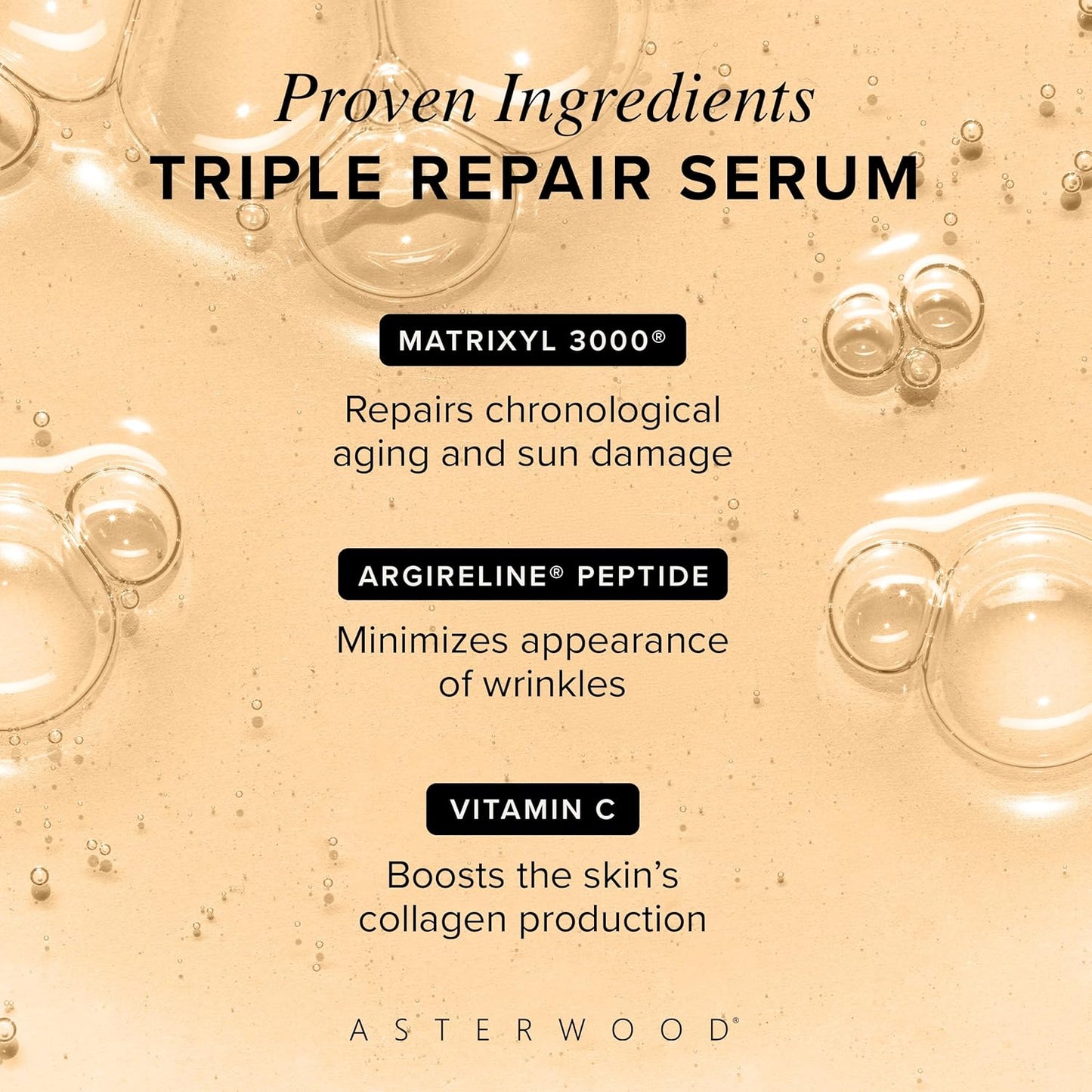 Asterwood Triple Repair Matrixyl 3000 + Argireline + Hyaluronic Acid + Vitamin C Serum for Face - Anti-Aging, Collagen Boosting, Hydrating - Fragrance-Free - 4 Fl Oz