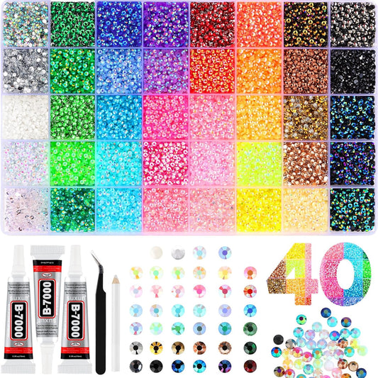 Zefy 40 Colors Resin Jelly Rhinestones for Bedazzling, 3mm 32000 Pcs Flatback Gems for Crafting, Bedazzling Kit with 3Pcs B7000 Glue for Clothing Shoes Nail Book Diamond Art