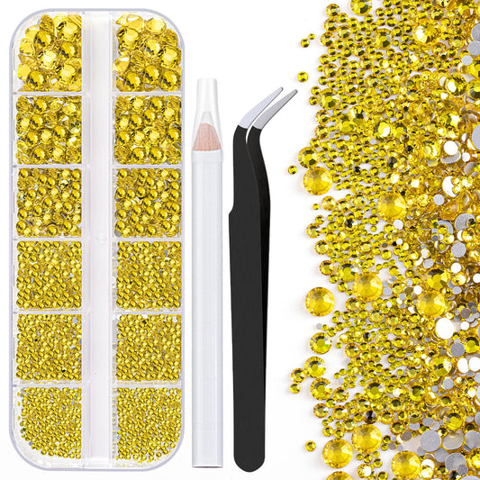 One Pack 2000 Pcs of Flatback Round Lemon Yellow Rhinestones 6 Sizes (1.5-6 mm) with Nail Art Rhinestone Picker Pencil and Tweezer for DIY and Salon Use