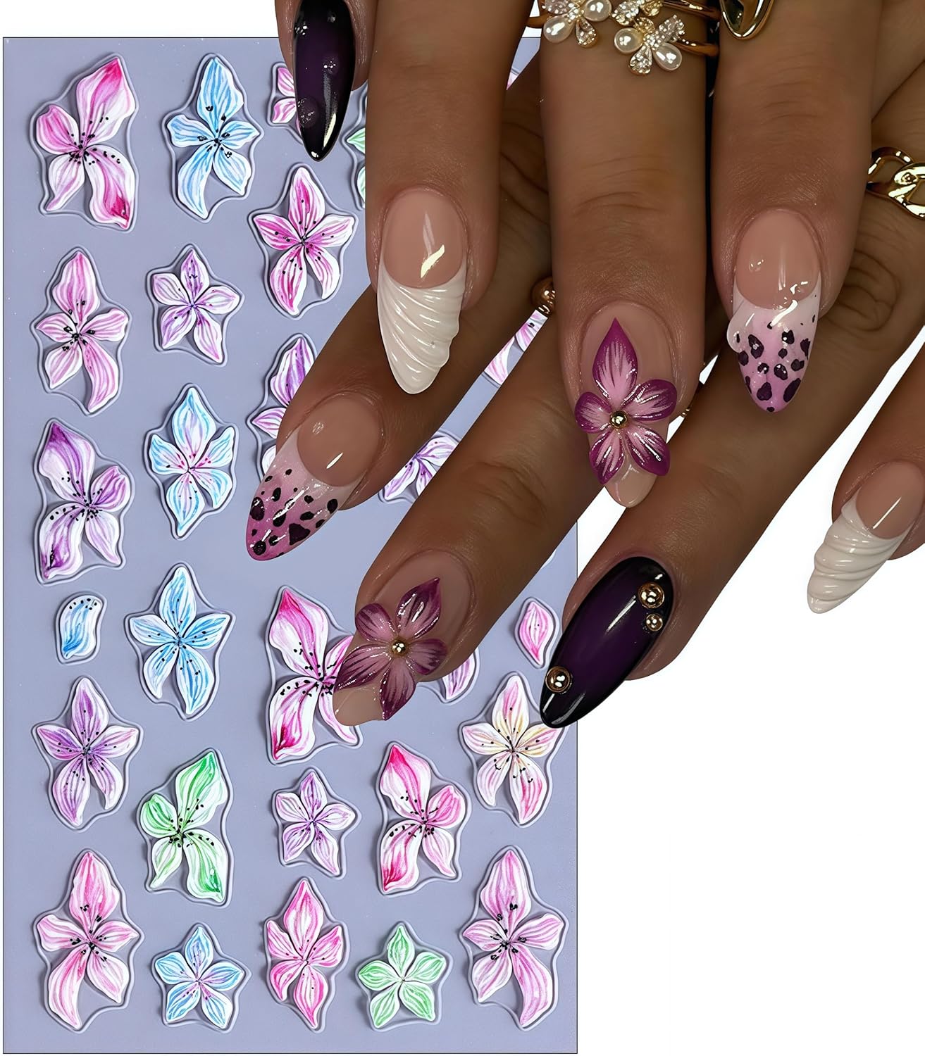 Flower Nail Art Stickers 5D Embossed Self Adhesive Lily Flower Stickers Summer Hibiscus Floral Decals Charms Vacation Design Pegatinas para Uñas for Women Girls DIY Manicure Decoration 3 Sheet