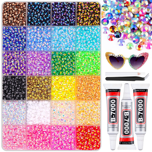 12600Pcs Resin Rhinestones with B7000 Jewelry Glue for Crafting, Multicolors 4mm Non Hotfix Flatback Gems, Bedazzling Crystal for DIY Crafts Clothing Tumblers Mugs Shoes Fabric Decor Nail Art