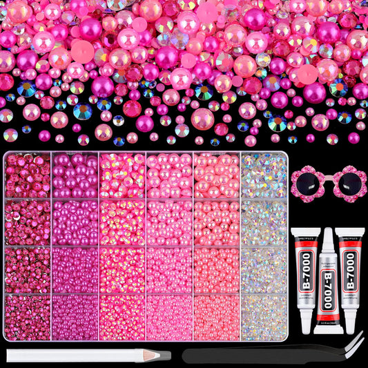 9000Pcs Flatback Pearls and Rhinestones for Crafting, Hot Pink Light Pink Mixed Size 3-8mm Resin Rhinestones and Half Pearls for Bedazzling, Nail Art and Decoration with 3pcs B7000 Jewelry Glue