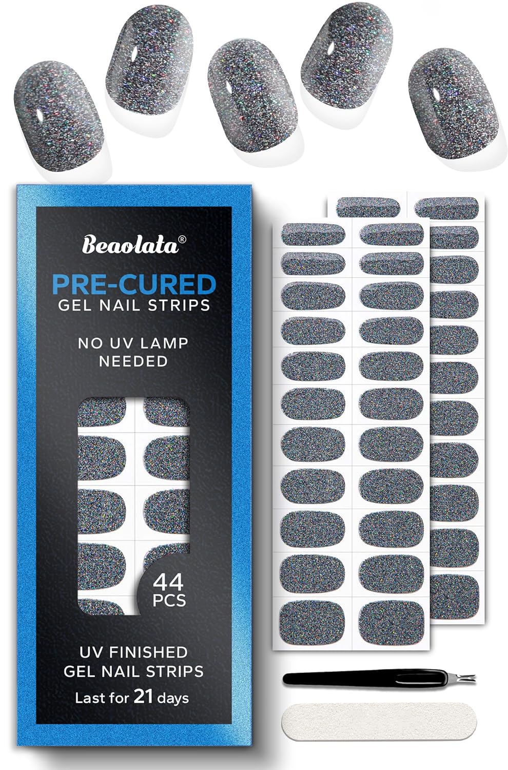 Pre Cured Gel Nail Strips - 44PCS Salon Quality Gel Nail Stickers - Long Lasting Polish Wraps for Women no UV Light Needed Easy Apply& Remove (Cool Silver)