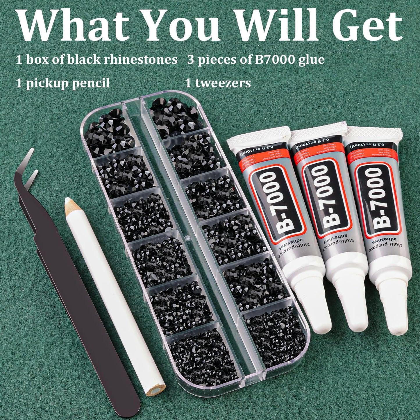 Resin Rhinestones for Crafting with B7000 Jewelry Glue, 1 Box Black Flatback Crystals with 3Pcs 10ml Glue for Bedazzling Crafts DIY Nail Art Makeup，Non Hotfix Gems for Clothing Shoes