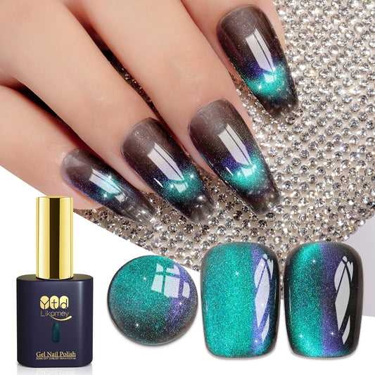 YTD Likomey Cat Eye Gel Nail Polish,15ml Black Green Purple Multi-Color Velvet Diamond Holographic Neutral Jelly Sheer Magnetic Shimmer Glitter Fall Winter UV Color Varnish with Magnet Stick,MY392