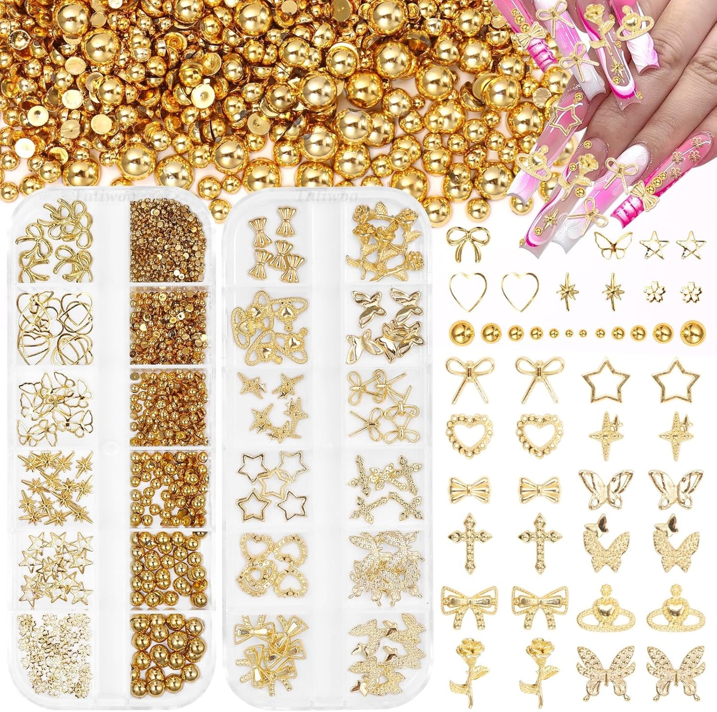 Cross Star Gold Nail Charms, 3D Cross Star Nail Charm Flower Bow Alloy Nail Art Charm, Gold Half Pearls Beads Gems for Nails Art Y2K Supplies