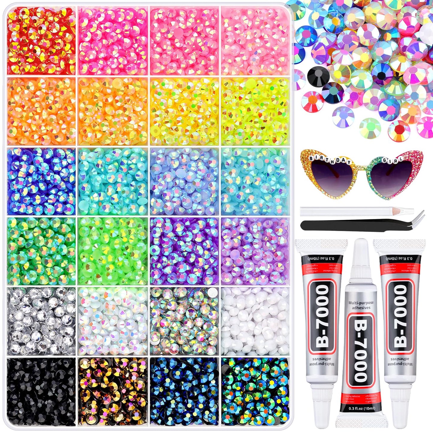8500Pcs Resin Rhinestones for Bedazzling with B7000 Jewelry Glue, 5MM Colorful Gems Flatback Rhinestones for Crafting, Crystal for DIY Crafts Clothing Tumblers Mugs Shoes Fabric Decor Nail Art