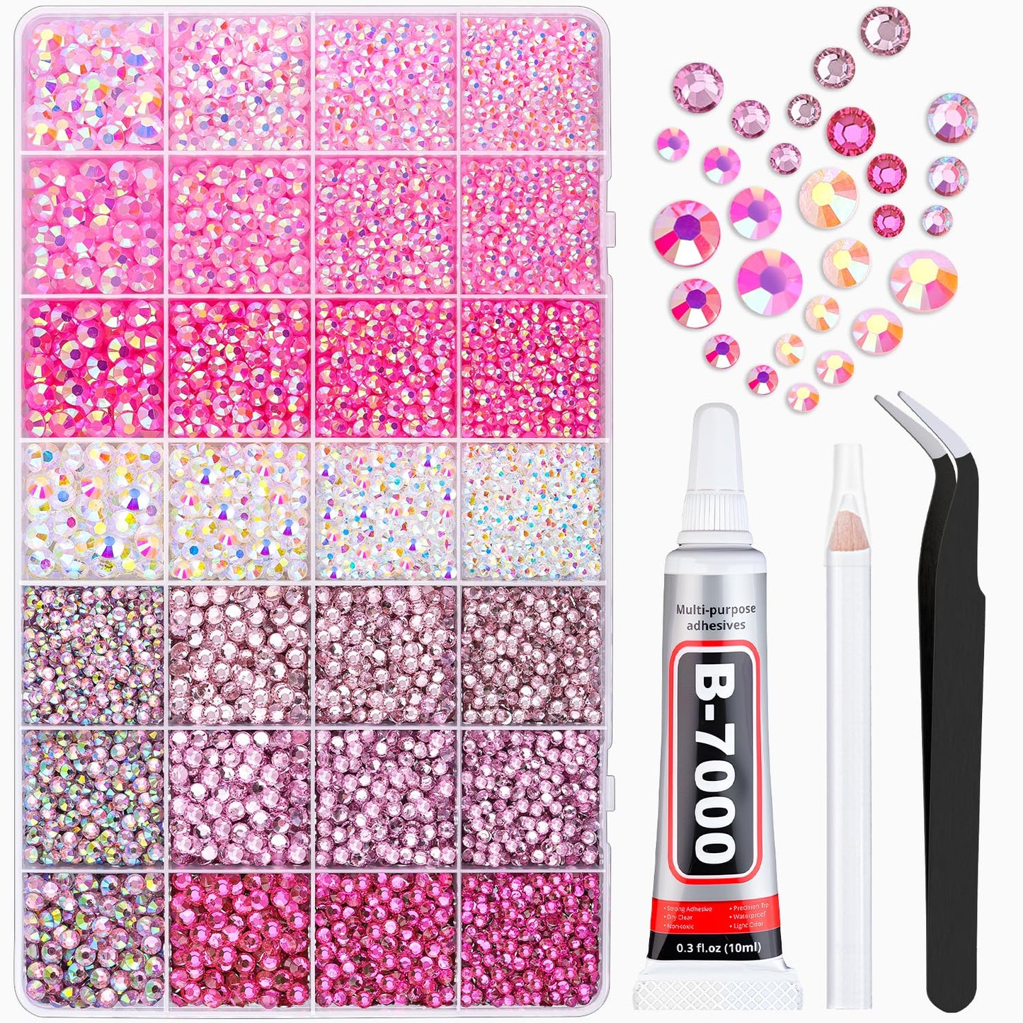 20000Pcs Pink Rhinestones for Bedazzling with 1Pcs B7000 Jewelry Glue, Resin Rhinestones for Crafting Crafts DIY, Bedazzler Kit Gems for Clothing Shoes Tumblers Nail Art Assorted Size 3/4/5/6mm