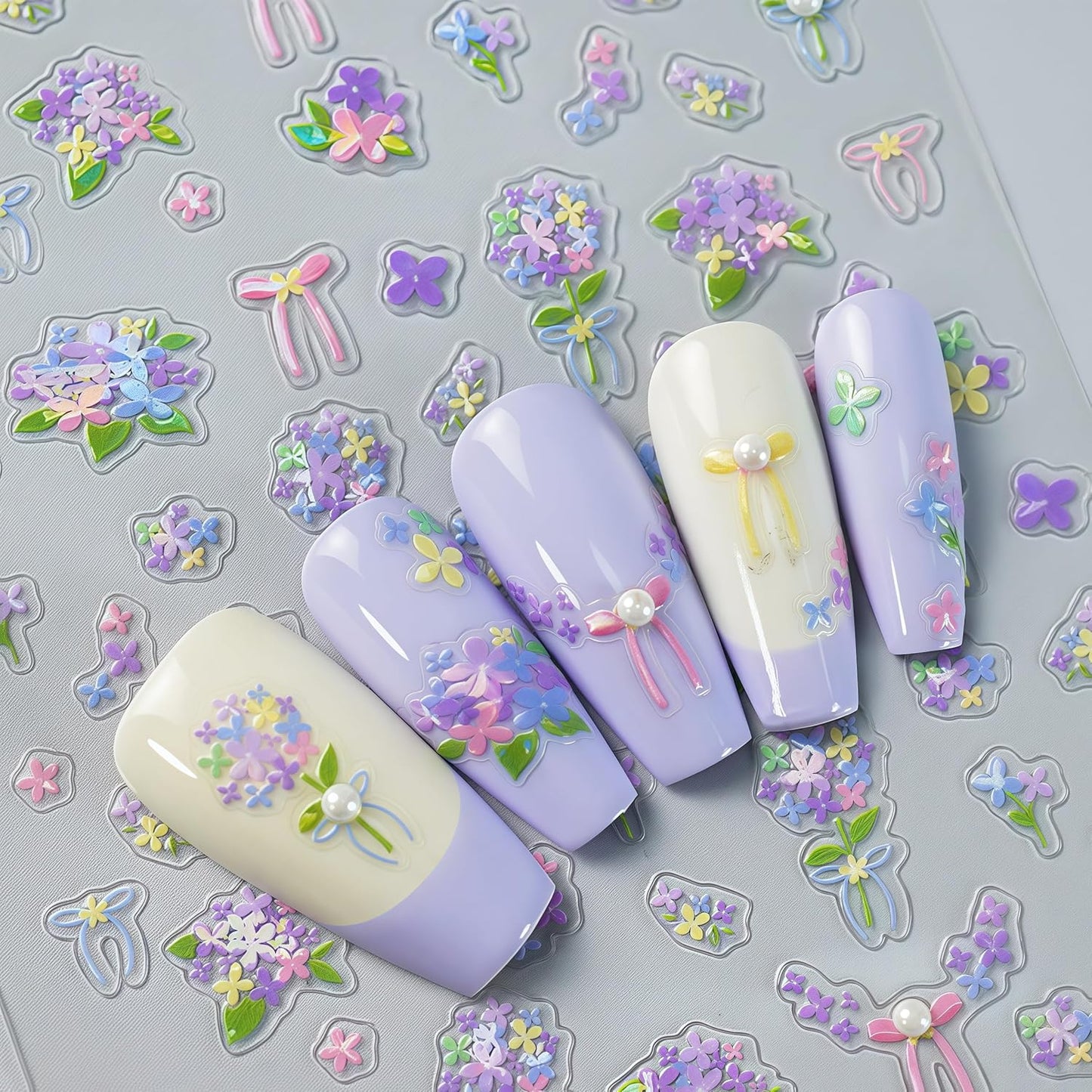 Flower Shell Light Nail Stickers 5D Embossed Self-Adhesive Floral Pearl Crystal Diamond Design Decals Spring Summer Daisy Nail Art Charms for Women DIY Decorations Exquisite Cardboard 1Sheets Set