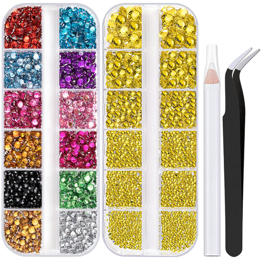 Two Packs of Flatback Rhinestones 4520 Pcs Colorful Nail Art Rhinestones Flatback Crystal Colorful+Lemon Yellow Rhinestone with Picker Pencil and Tweezer for Nail Art and Decoration