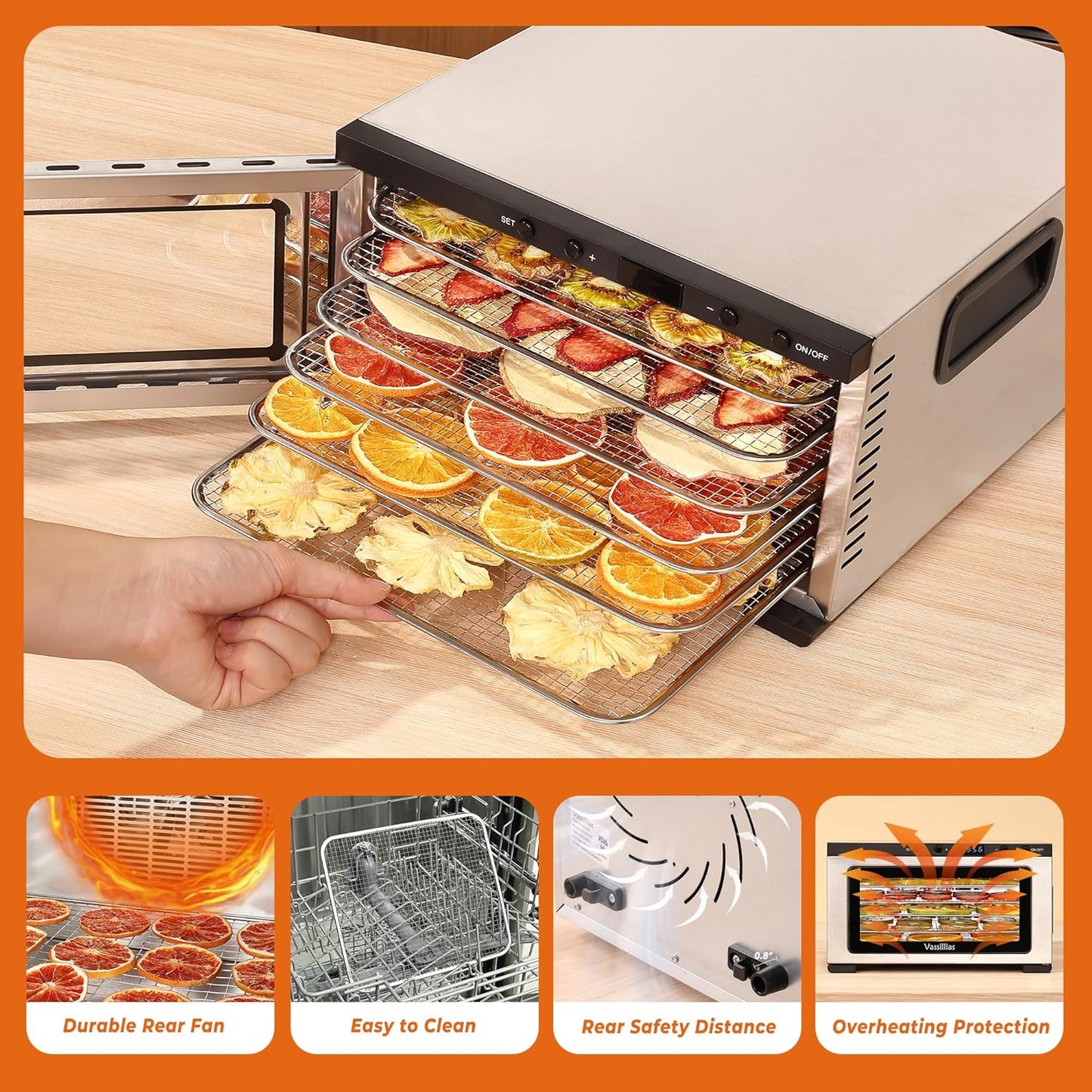 Stainless Steel Mini Food Dehydrator Dryer- 6 Stainless Steel Trays, Digital Adjustable Timer, 400W, 176°F, Temperature Control, for Jerky, Herb, Meat, Beef, Fruit and Pet Treats, Model 2016YJ, Silver