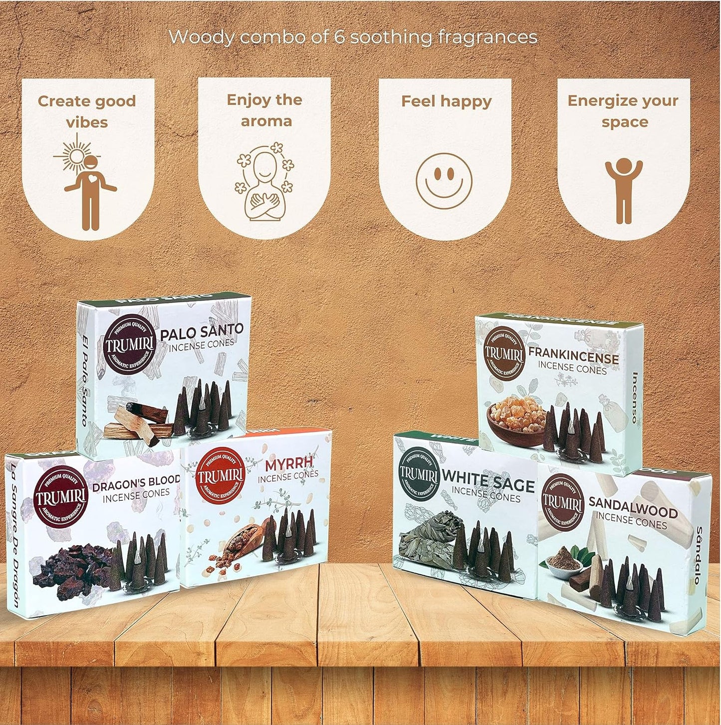Trumiri Woody Incense Cones - Variety Pack - Total 60 Cone Incense (6 Scents x 10 Conos) - White Sage, Palo Santo, Dragons Blood, Sandalwood - Inscents-Cones Scented - Insense Cones - Incent Cone